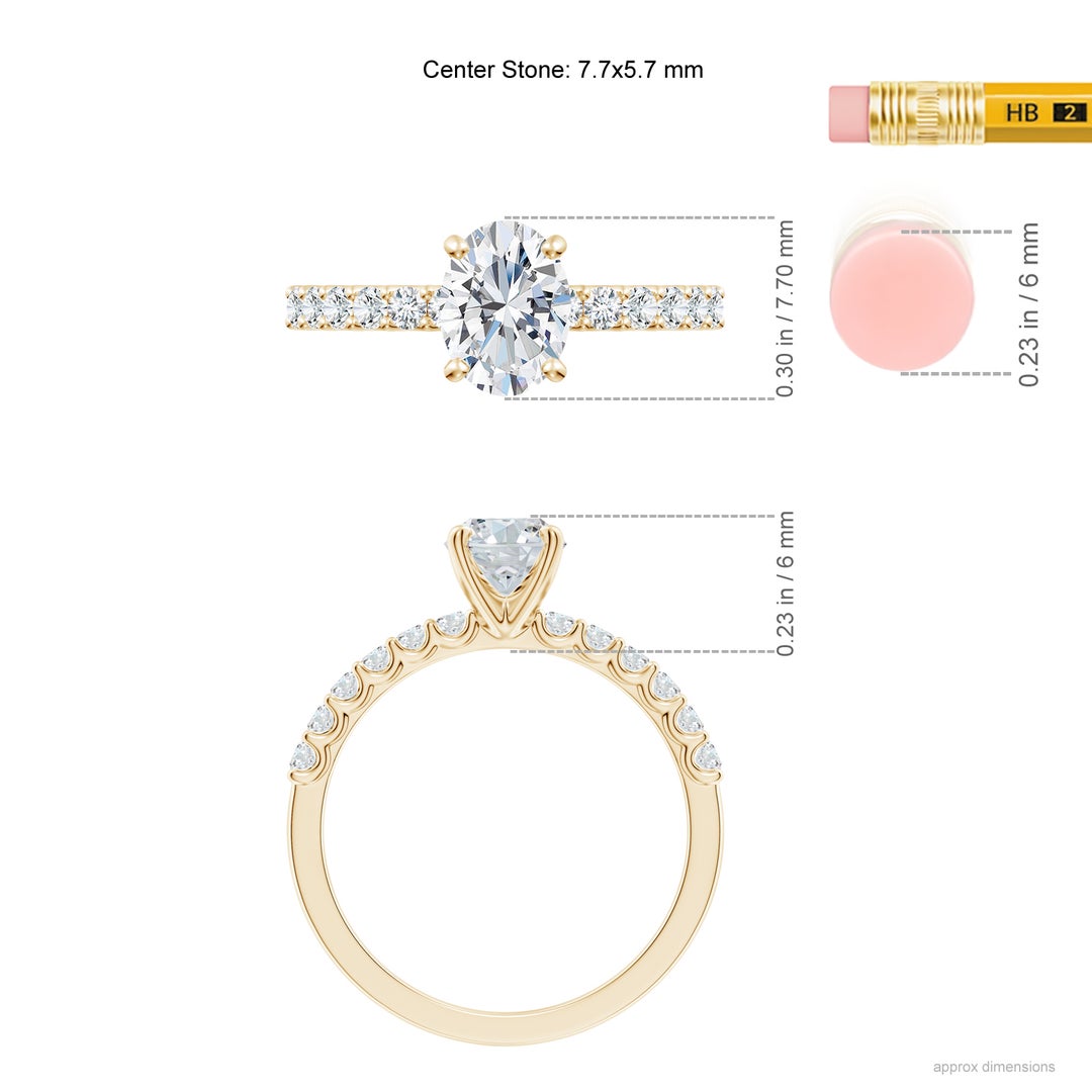 7.7x5.7mm FGVS Lab-Grown Oval Diamond Solitaire Engagement Ring with Diamond Accents in Yellow Gold - ruler