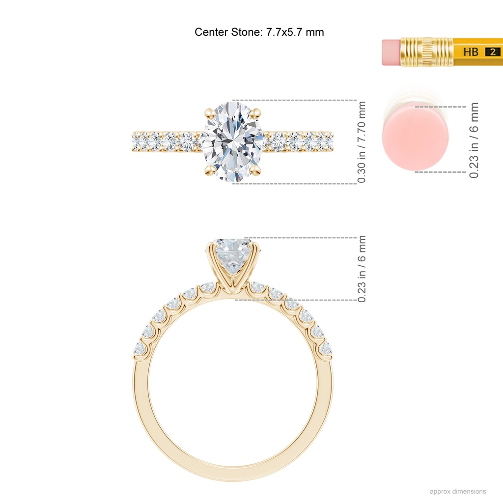 7.7x5.7mm FGVS Lab-Grown Oval Diamond Solitaire Engagement Ring with Diamond Accents in Yellow Gold ruler