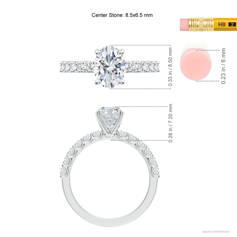 8.5x6.5mm FGVS Lab-Grown Oval Diamond Solitaire Engagement Ring with Diamond Accents in White Gold ruler
