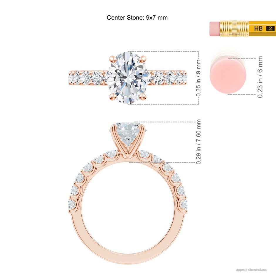 9x7mm FGVS Lab-Grown Oval Diamond Solitaire Engagement Ring with Diamond Accents in 18K Rose Gold ruler