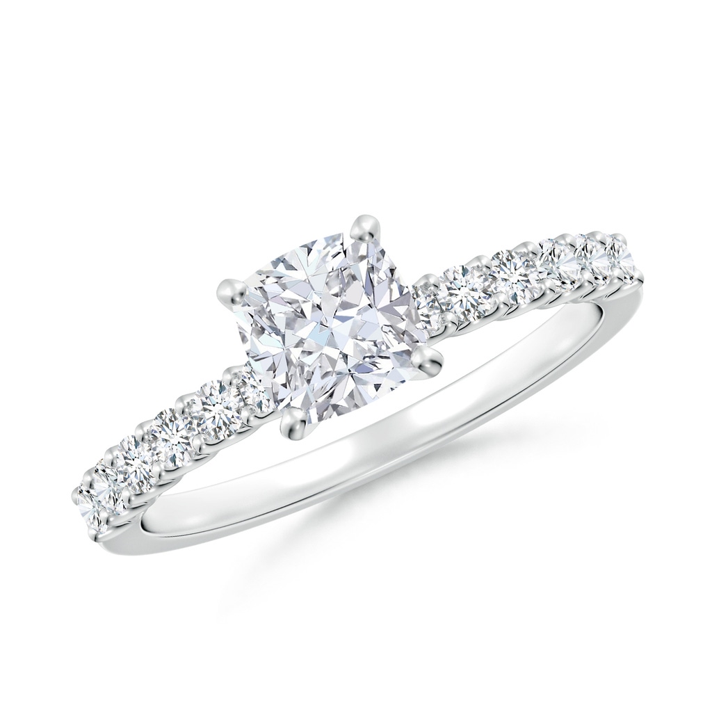 5.5mm FGVS Lab-Grown Cushion Diamond Solitaire Engagement Ring with Diamond Accents in 18K White Gold