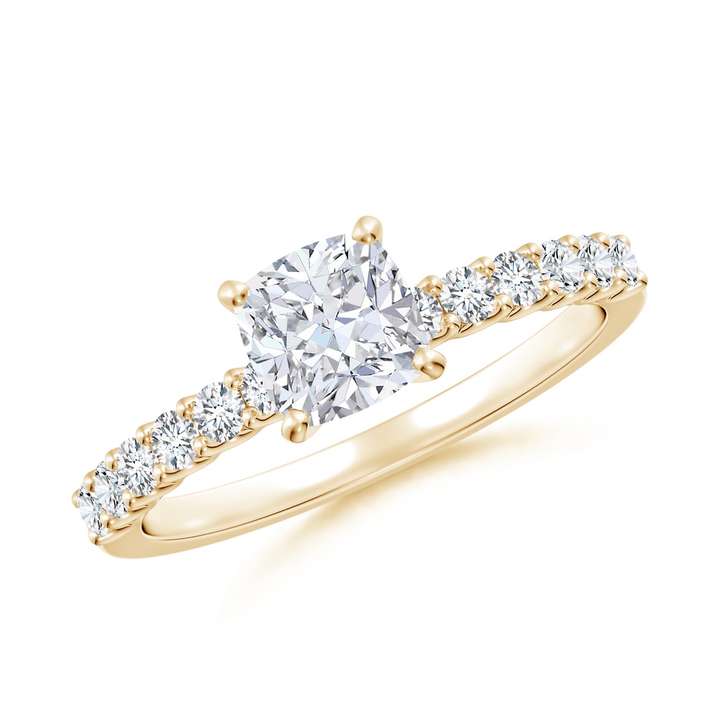5.5mm FGVS Lab-Grown Cushion Diamond Solitaire Engagement Ring with Diamond Accents in Yellow Gold