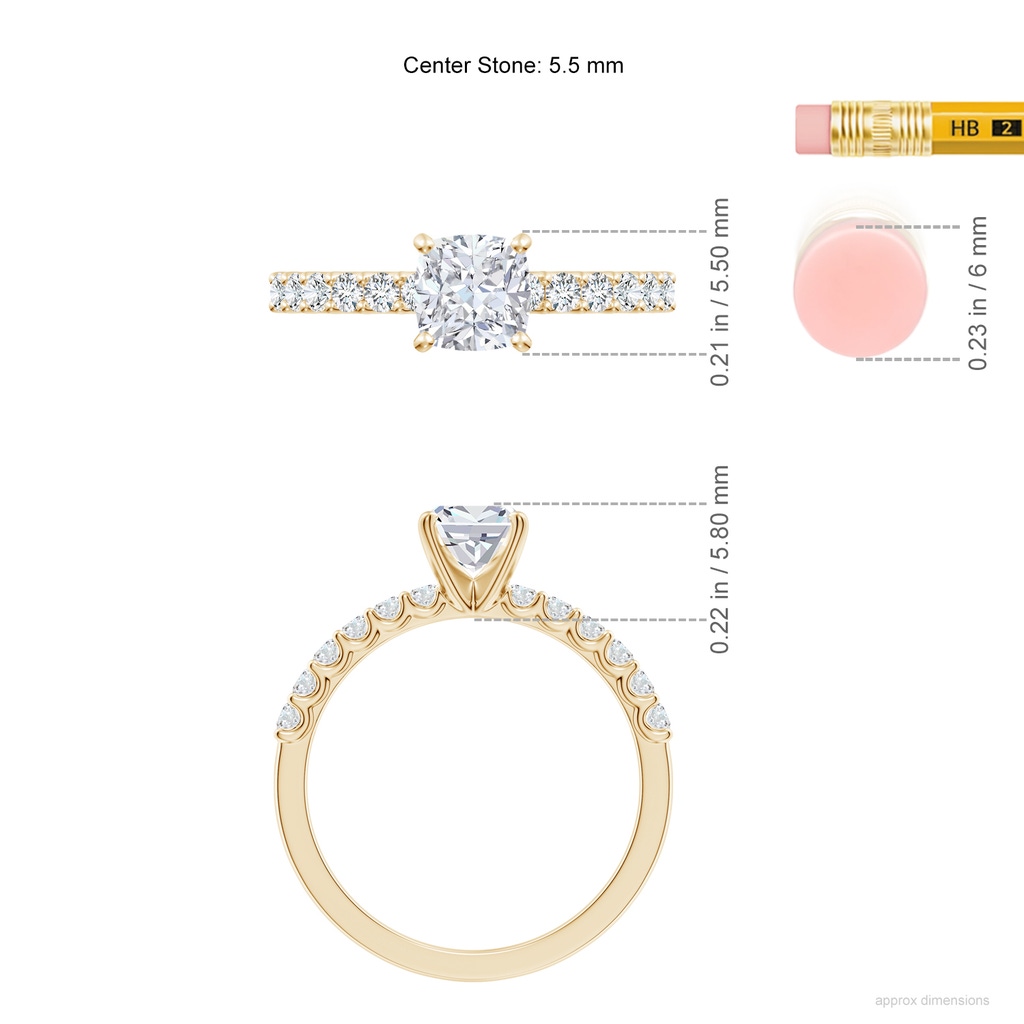 5.5mm FGVS Lab-Grown Cushion Diamond Solitaire Engagement Ring with Diamond Accents in Yellow Gold ruler