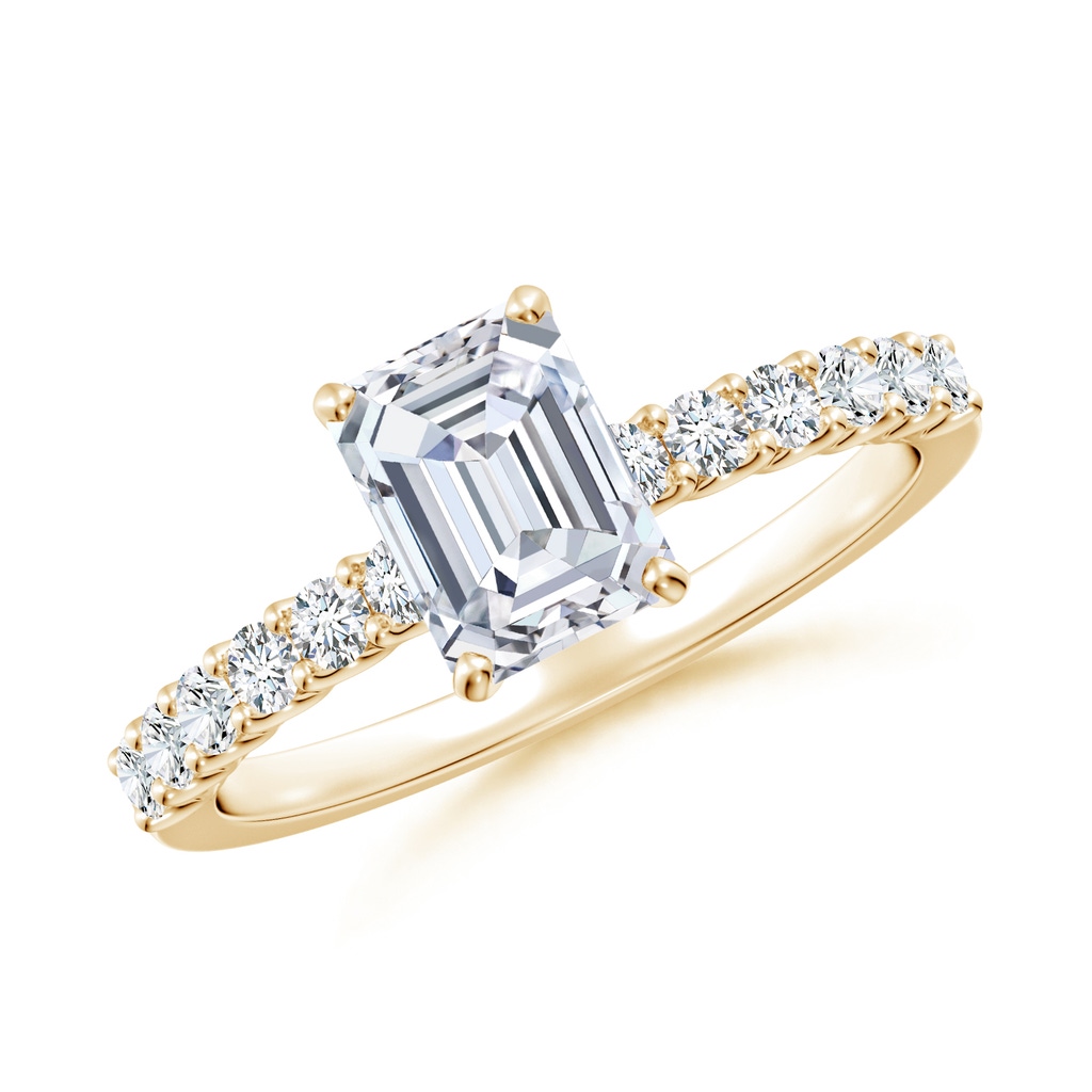 7x5mm FGVS Lab-Grown Emerald-Cut Diamond Solitaire Engagement Ring with Diamond Accents in Yellow Gold