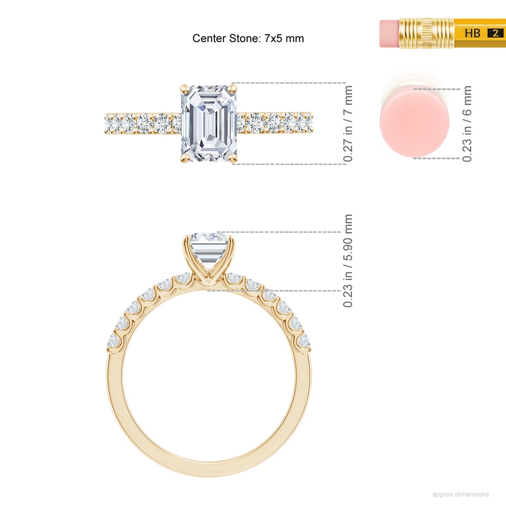 7x5mm FGVS Lab-Grown Emerald-Cut Diamond Solitaire Engagement Ring with Diamond Accents in Yellow Gold ruler