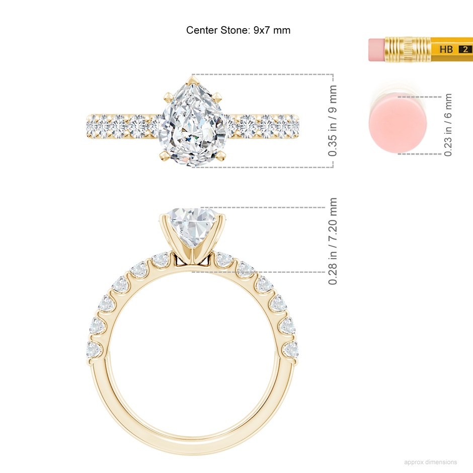 9x7mm FGVS Lab-Grown Pear Diamond Solitaire Engagement Ring with Diamond Accents in 18K Yellow Gold ruler