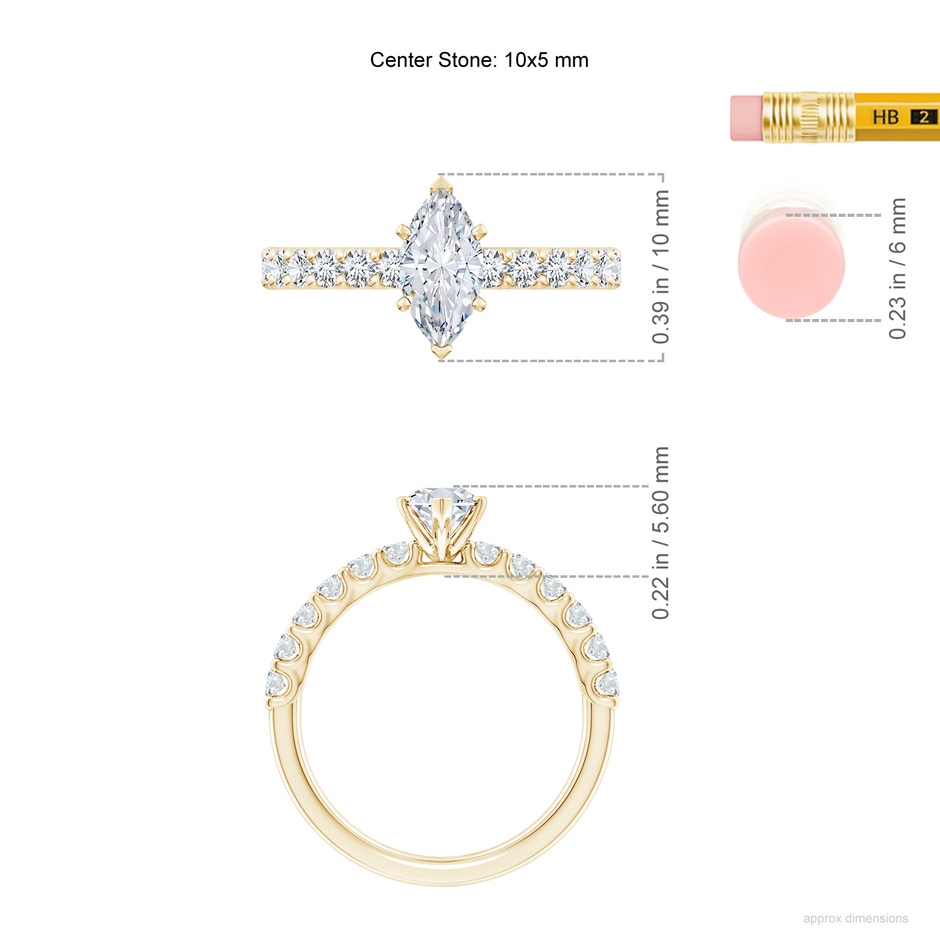 10x5mm FGVS Lab-Grown Marquise Diamond Solitaire Engagement Ring with Diamond Accents in Yellow Gold ruler