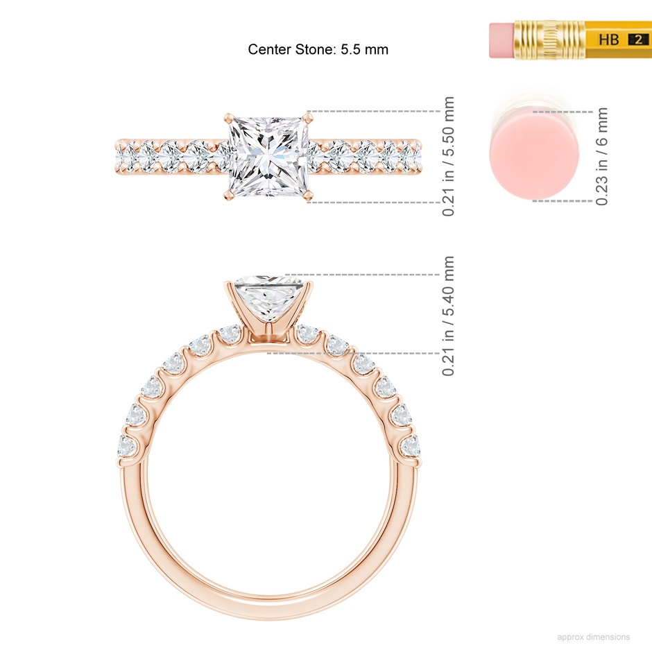 5.5mm FGVS Lab-Grown Princess-Cut Diamond Solitaire Engagement Ring with Diamond Accents in Rose Gold ruler