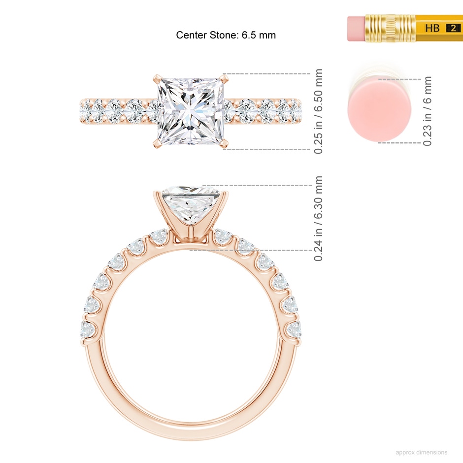6.5mm FGVS Lab-Grown Princess-Cut Diamond Solitaire Engagement Ring with Diamond Accents in Rose Gold ruler