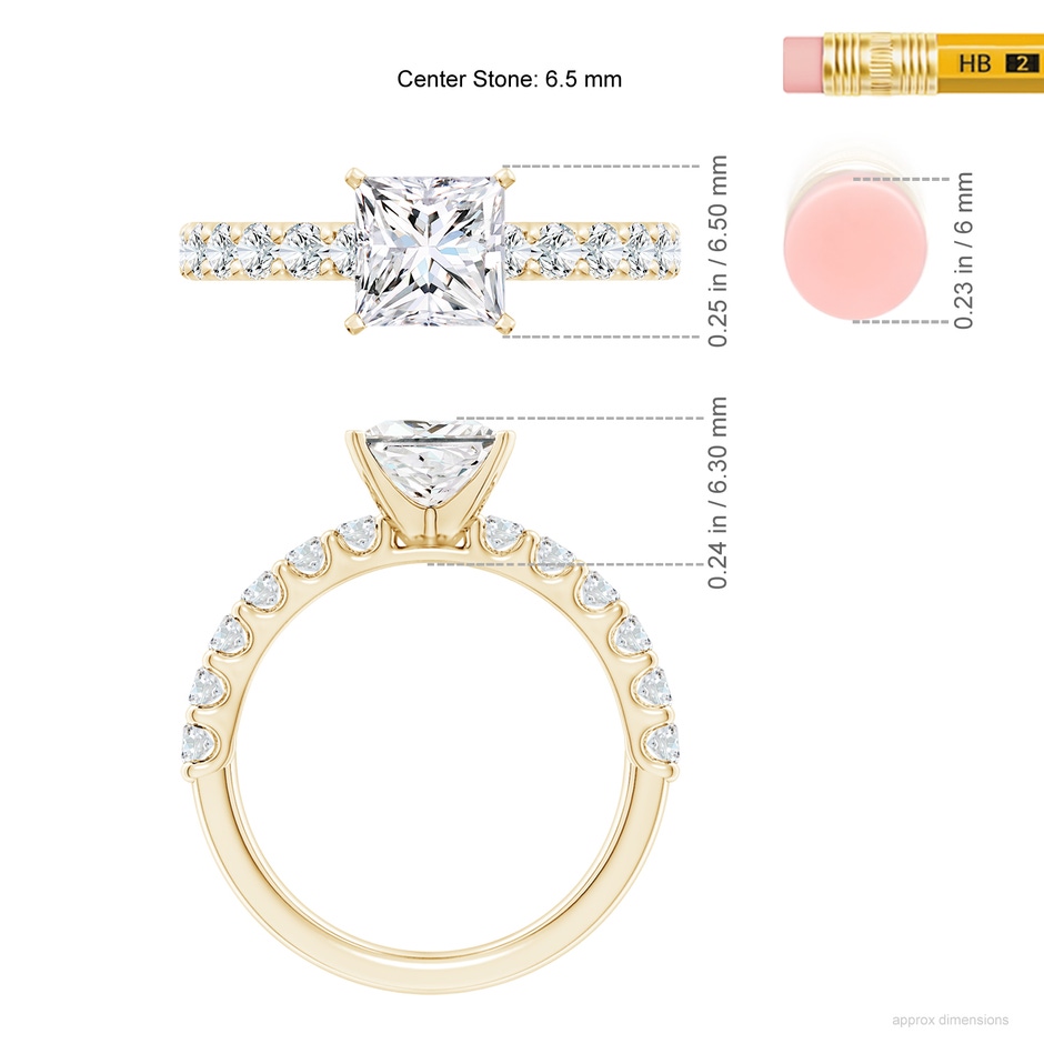 6.5mm FGVS Lab-Grown Princess-Cut Diamond Solitaire Engagement Ring with Diamond Accents in Yellow Gold ruler