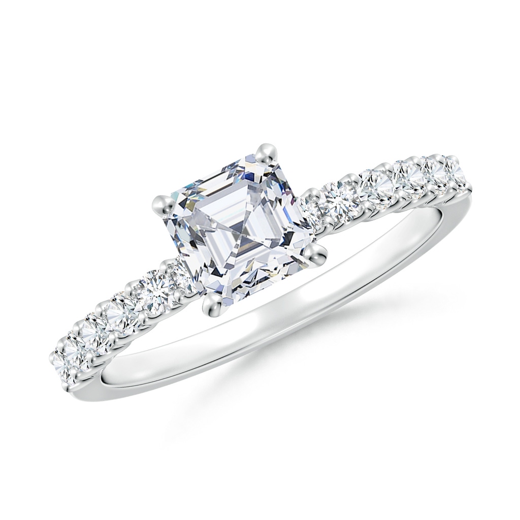 5.5mm FGVS Lab-Grown Asscher-Cut Diamond Solitaire Engagement Ring with Diamond Accents in 18K White Gold