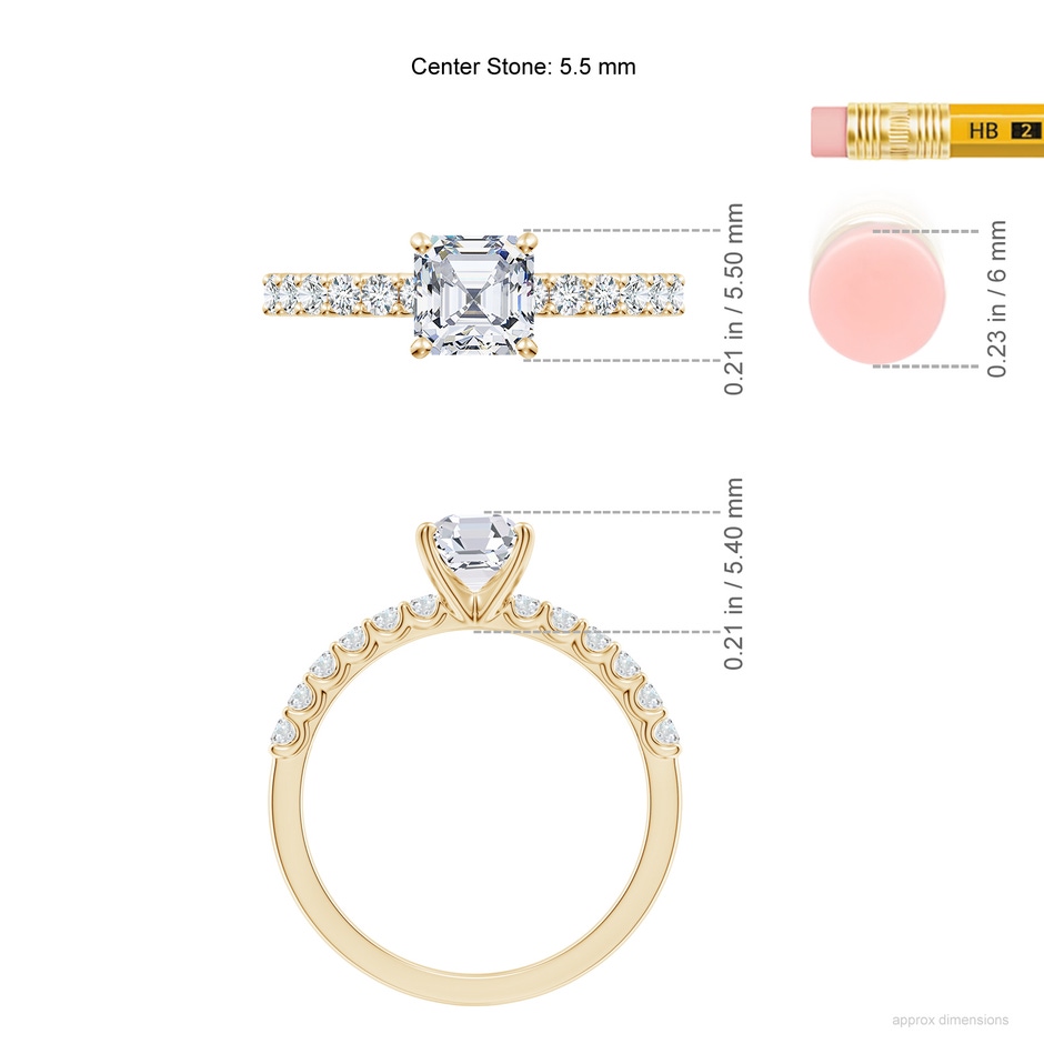 5.5mm FGVS Lab-Grown Asscher-Cut Diamond Solitaire Engagement Ring with Diamond Accents in Yellow Gold ruler