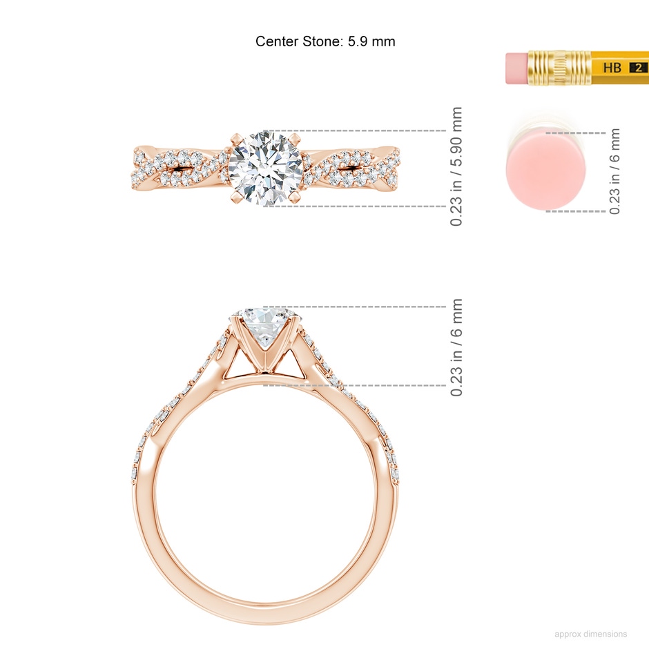 5.9mm FGVS Lab-Grown Peg Head Round Diamond Twist Shank Engagement Ring in Rose Gold ruler
