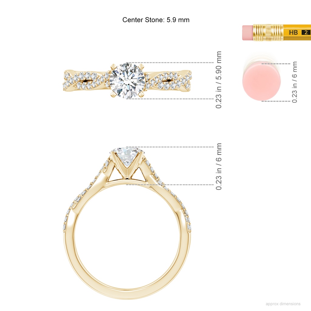 5.9mm FGVS Lab-Grown Peg Head Round Diamond Twist Shank Engagement Ring in Yellow Gold ruler