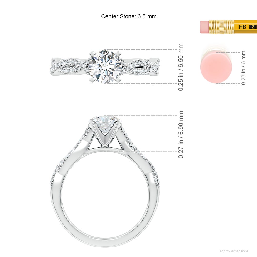 6.5mm FGVS Lab-Grown Peg Head Round Diamond Twist Shank Engagement Ring in White Gold - ruler