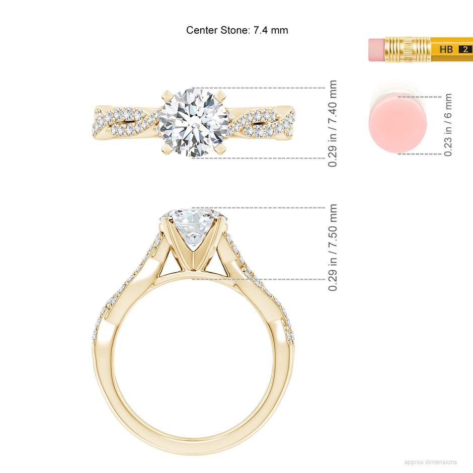 7.4mm FGVS Lab-Grown Peg Head Round Diamond Twist Shank Engagement Ring in 18K Yellow Gold ruler