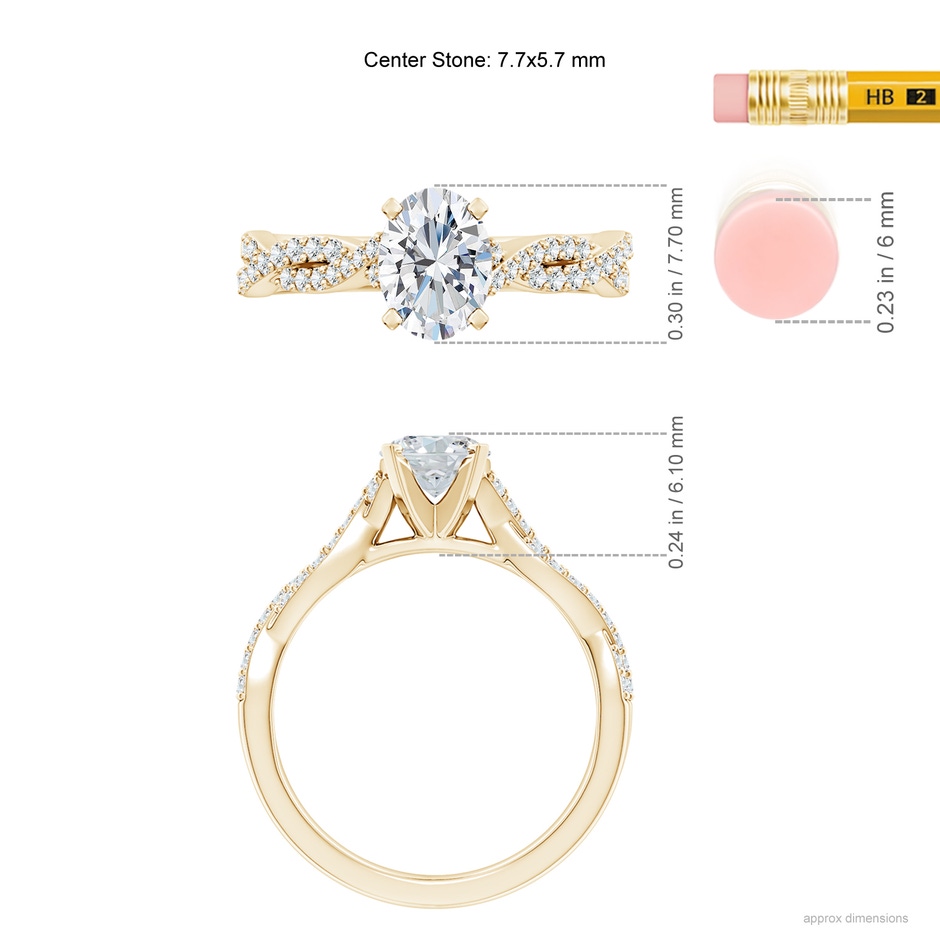 7.7x5.7mm FGVS Lab-Grown Peg Head Oval Diamond Twist Shank Engagement Ring in 18K Yellow Gold ruler