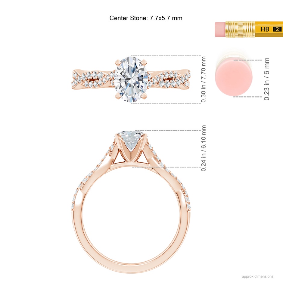 7.7x5.7mm FGVS Lab-Grown Peg Head Oval Diamond Twist Shank Engagement Ring in Rose Gold ruler