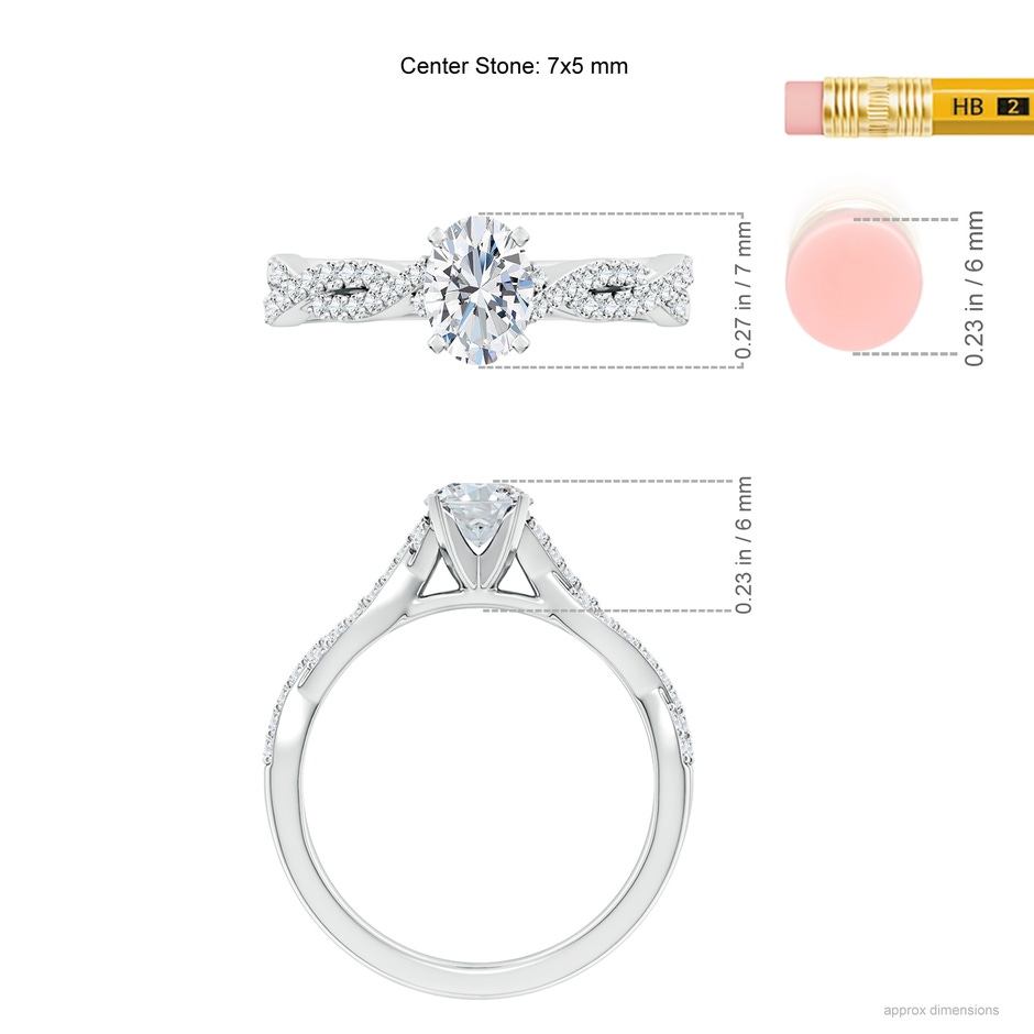 7x5mm FGVS Lab-Grown Peg Head Oval Diamond Twist Shank Engagement Ring in White Gold ruler