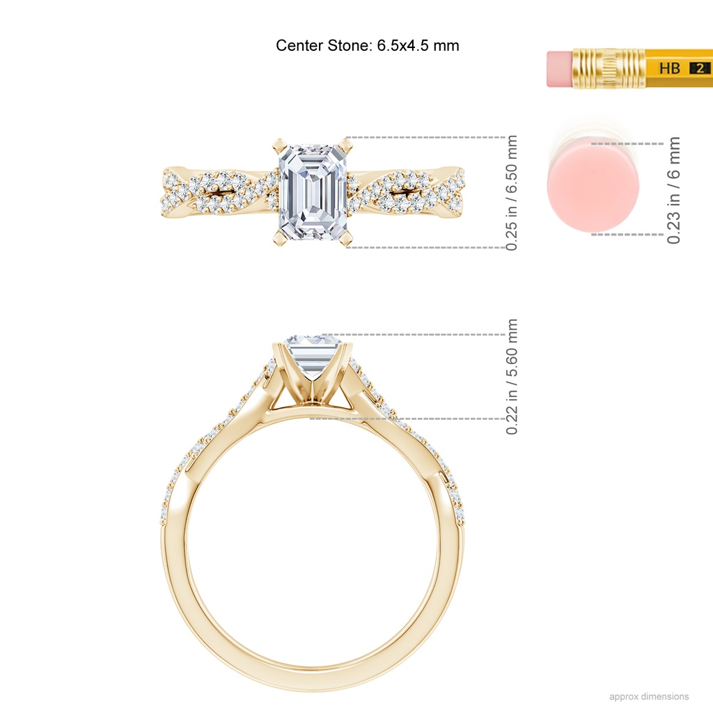 6.5x4.5mm FGVS Lab-Grown Peg Head Emerald-Cut Diamond Twist Shank Engagement Ring in Yellow Gold ruler