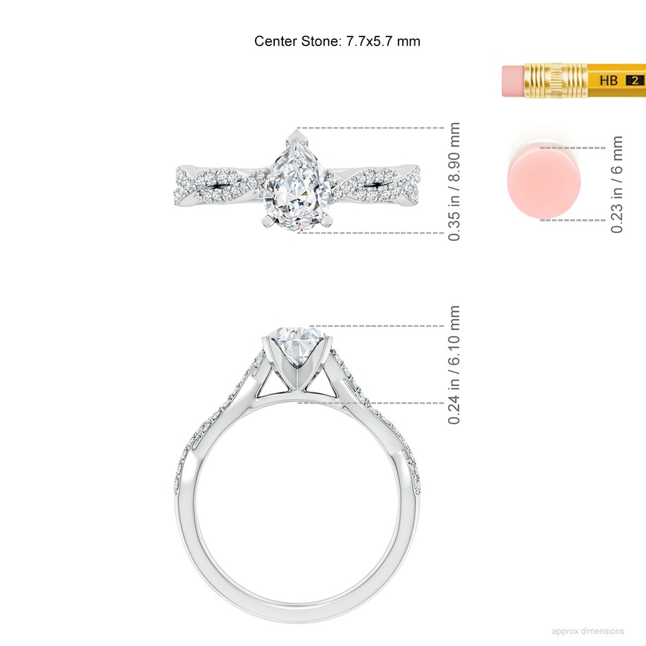 7.7x5.7mm FGVS Lab-Grown Peg Head Pear Diamond Twist Shank Engagement Ring in White Gold ruler