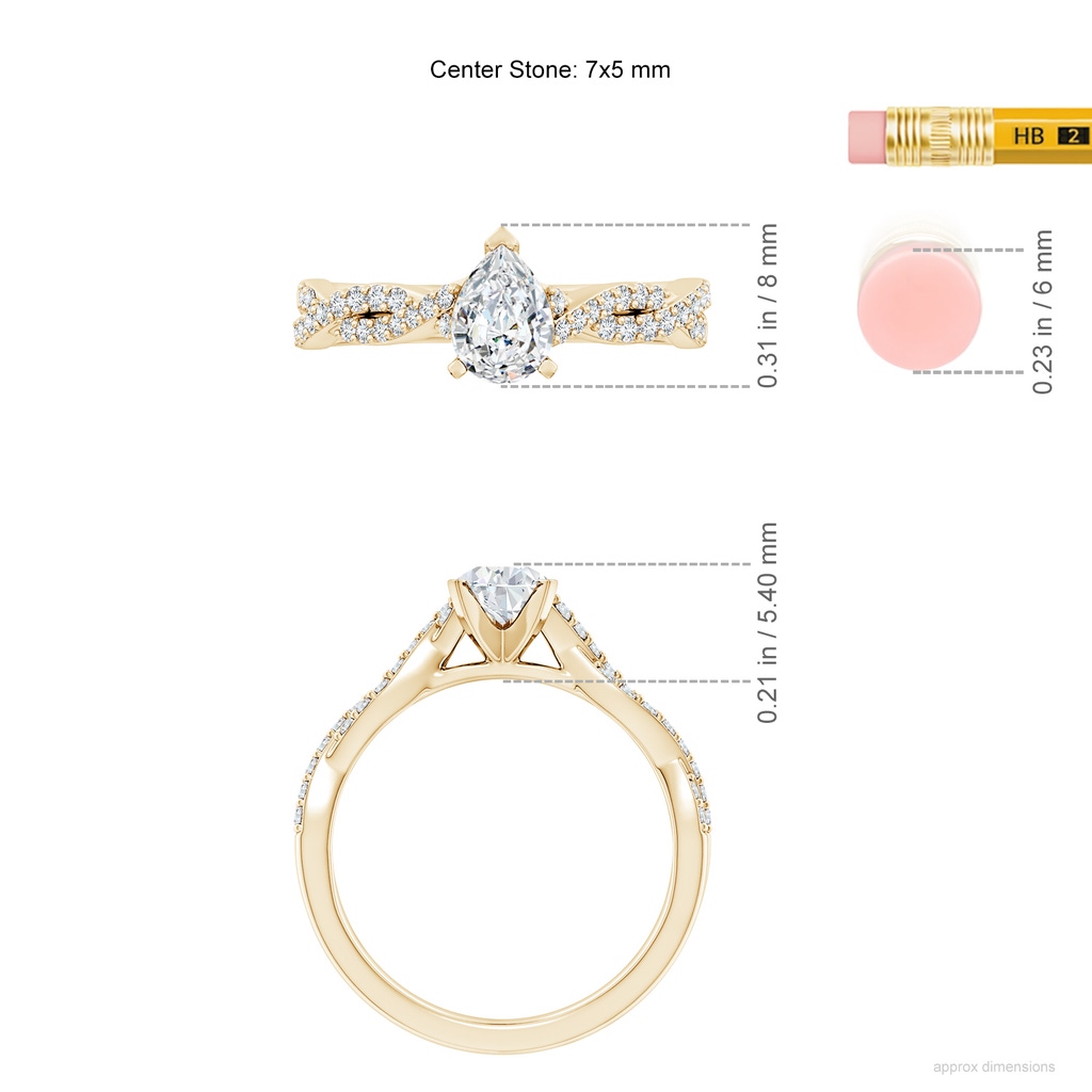 7x5mm FGVS Lab-Grown Peg Head Pear Diamond Twist Shank Engagement Ring in Yellow Gold ruler