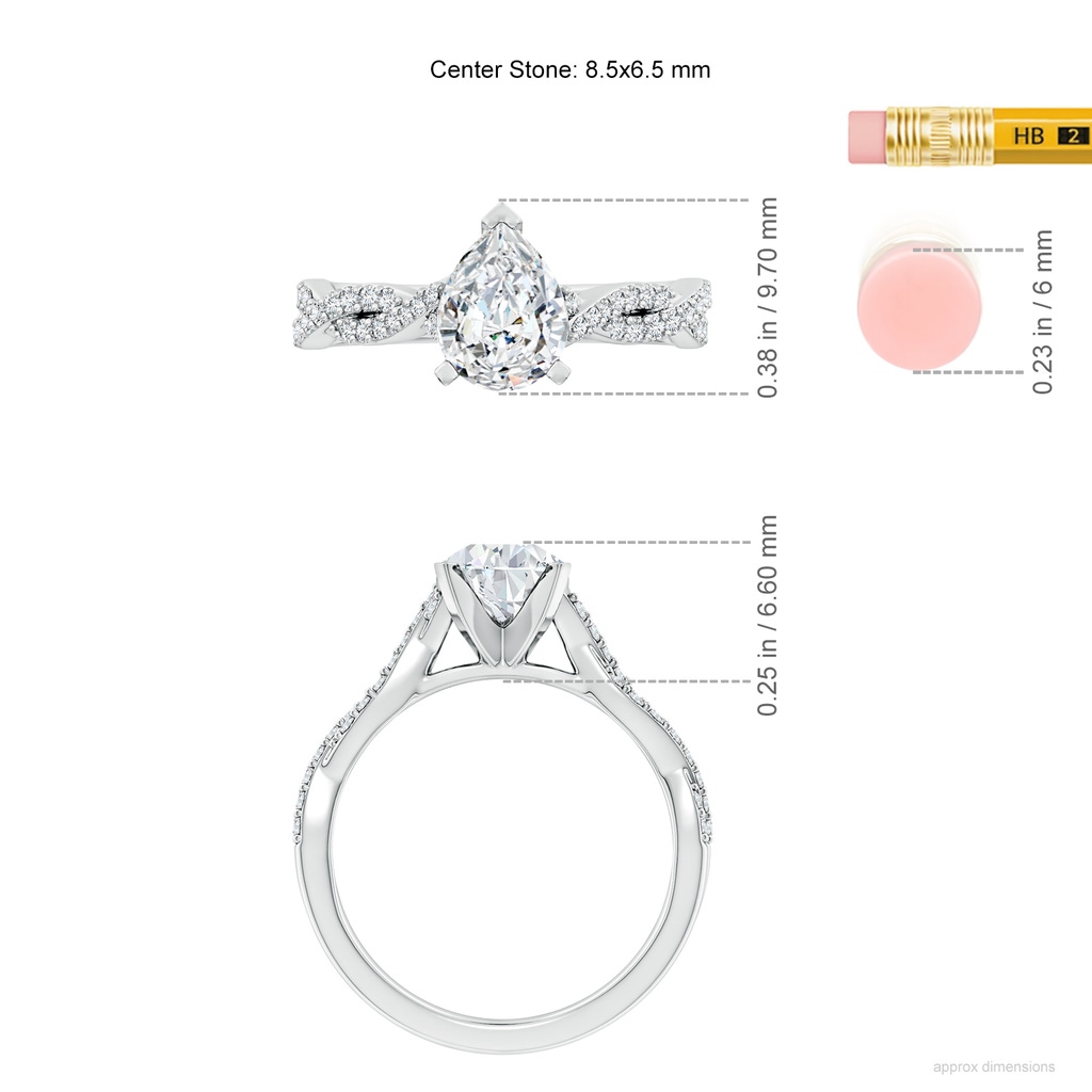 8.5x6.5mm FGVS Lab-Grown Peg Head Pear Diamond Twist Shank Engagement Ring in White Gold ruler