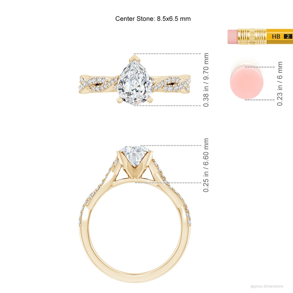 8.5x6.5mm FGVS Lab-Grown Peg Head Pear Diamond Twist Shank Engagement Ring in Yellow Gold ruler