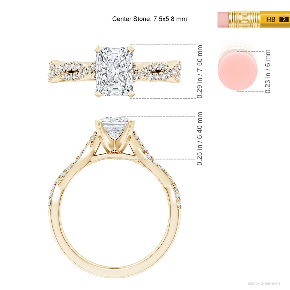 7.5x5.8mm FGVS Lab-Grown Peg Head Radiant-Cut Diamond Twist Shank Engagement Ring in 18K Yellow Gold ruler