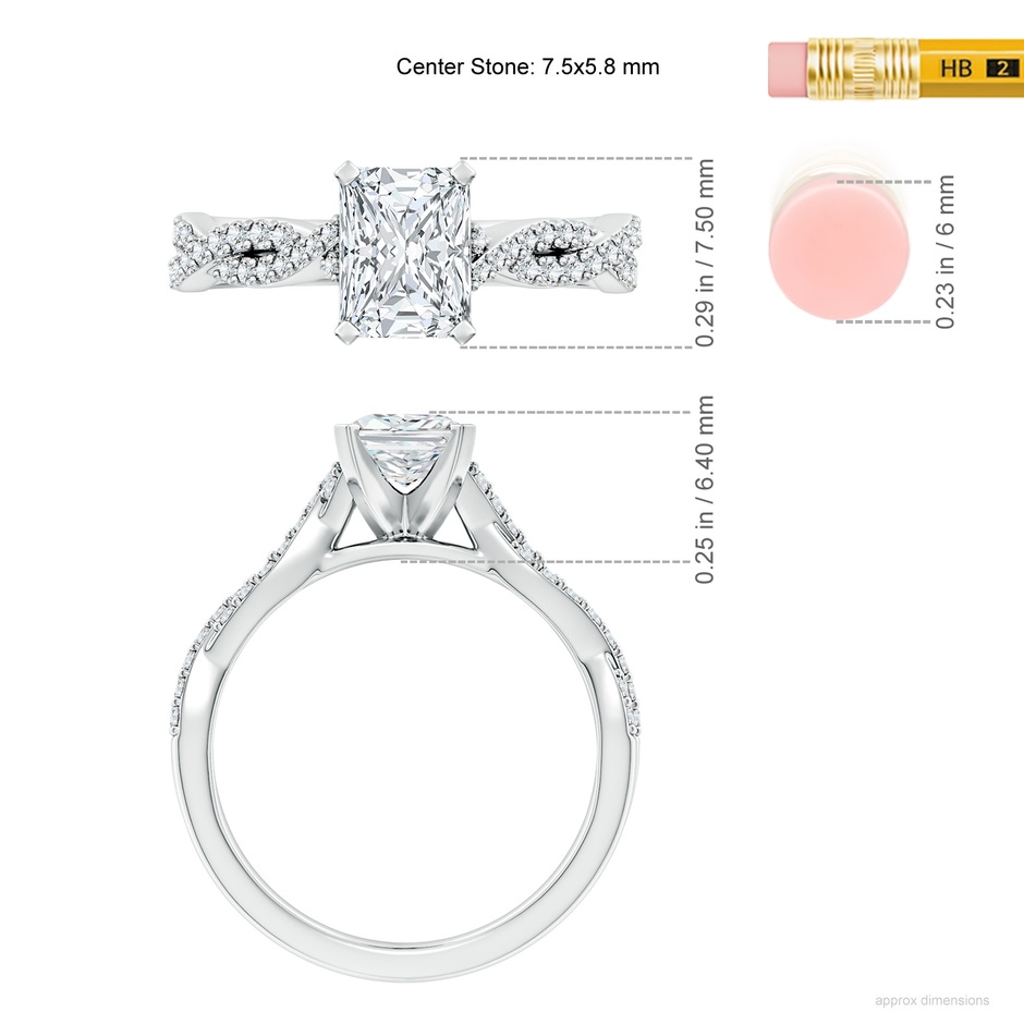 7.5x5.8mm FGVS Lab-Grown Peg Head Radiant-Cut Diamond Twist Shank Engagement Ring in White Gold ruler