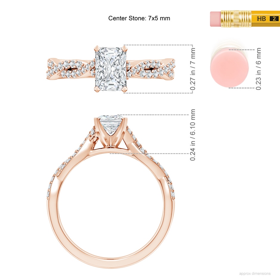 7x5mm FGVS Lab-Grown Peg Head Radiant-Cut Diamond Twist Shank Engagement Ring in Rose Gold ruler