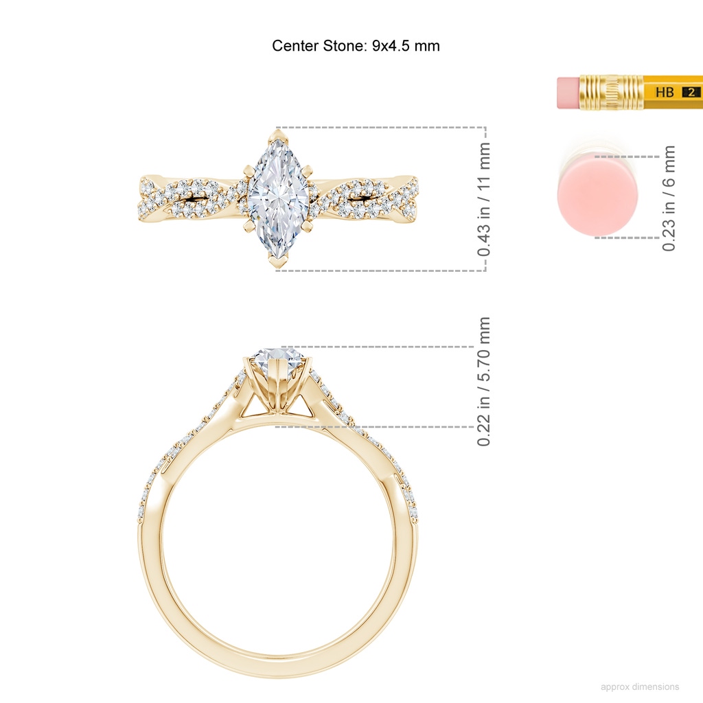 9x4.5mm FGVS Lab-Grown Peg Head Marquise Diamond Twist Shank Engagement Ring in Yellow Gold ruler