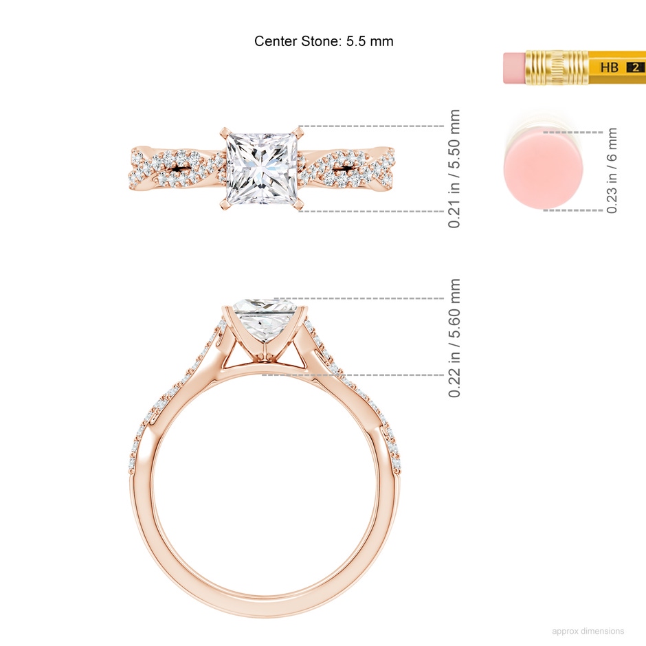 5.5mm FGVS Lab-Grown Peg Head Princess-Cut Diamond Twist Shank Engagement Ring in Rose Gold ruler