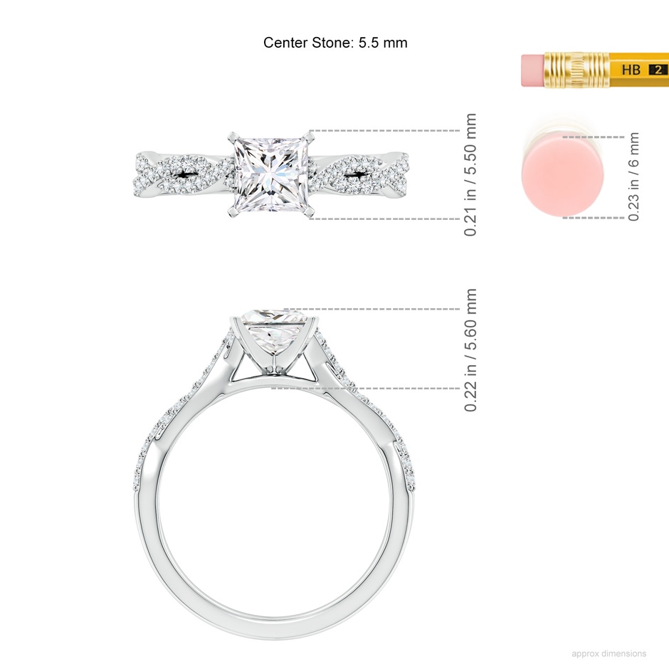 5.5mm FGVS Lab-Grown Peg Head Princess-Cut Diamond Twist Shank Engagement Ring in White Gold ruler