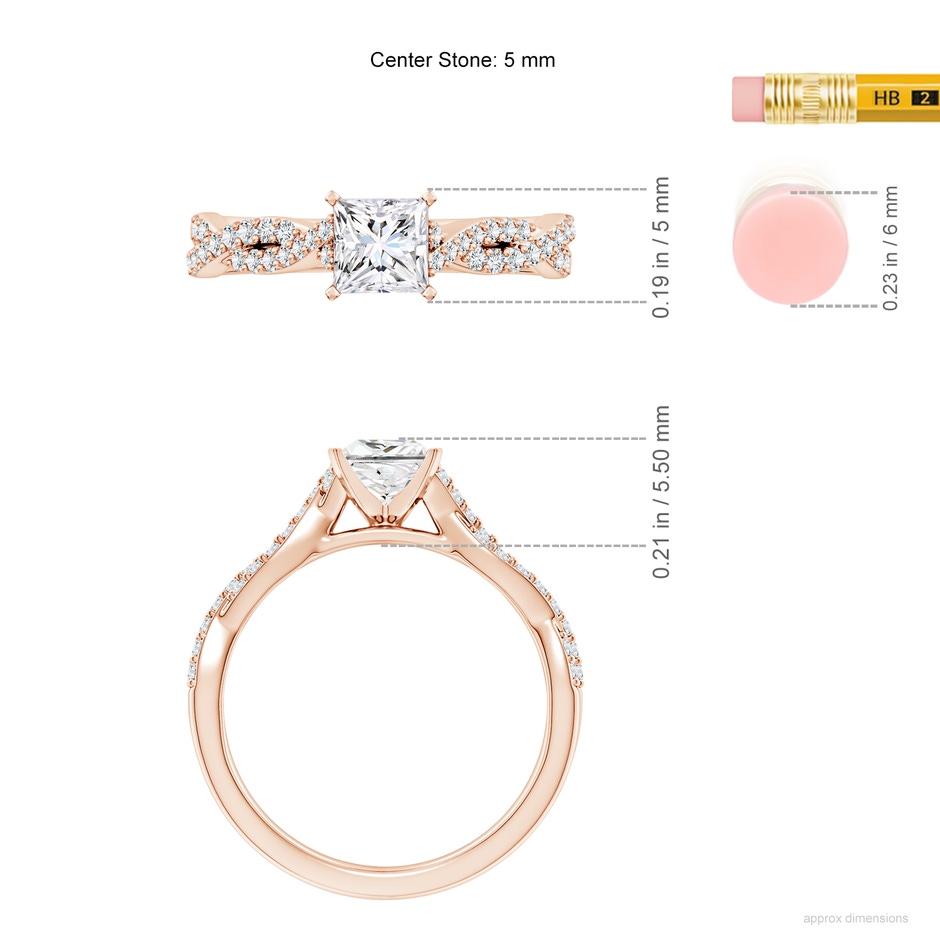 5mm FGVS Lab-Grown Peg Head Princess-Cut Diamond Twist Shank Engagement Ring in Rose Gold ruler