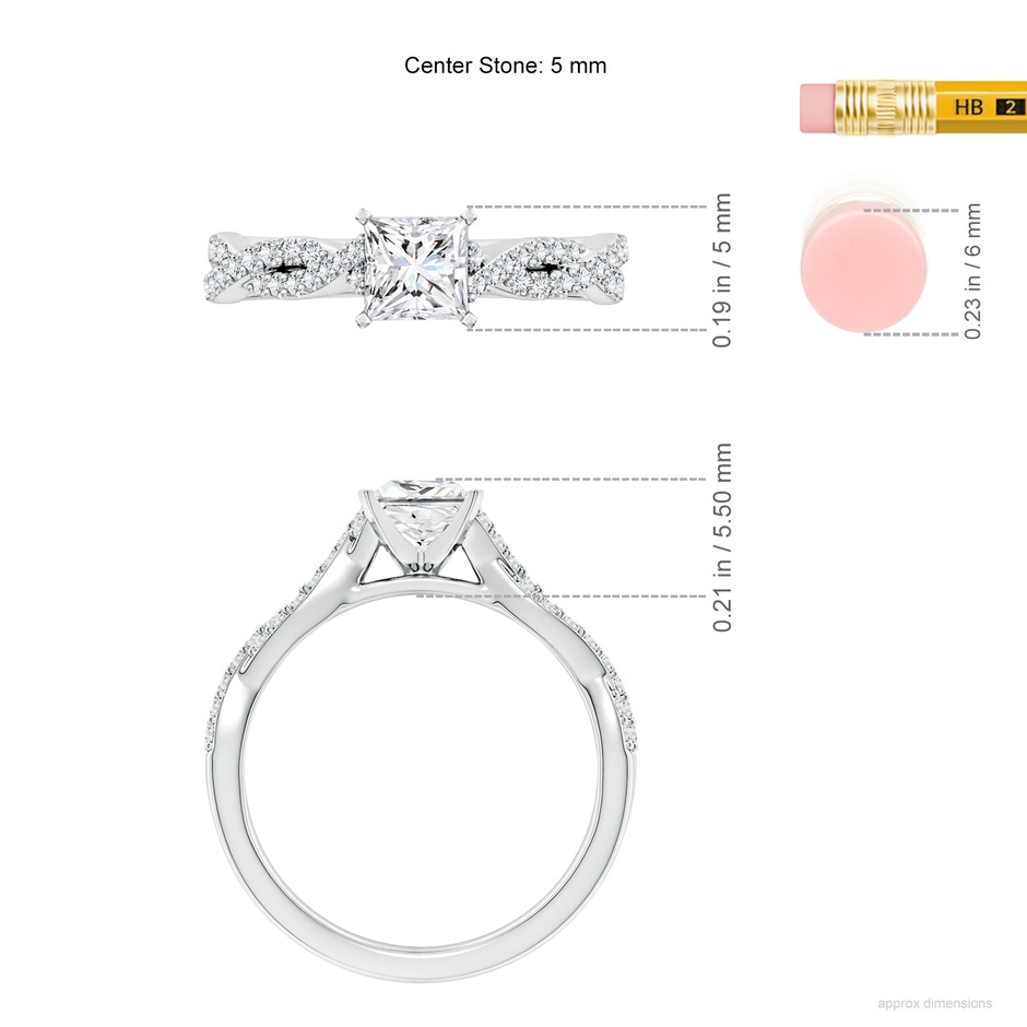 5mm FGVS Lab-Grown Peg Head Princess-Cut Diamond Twist Shank Engagement Ring in White Gold ruler