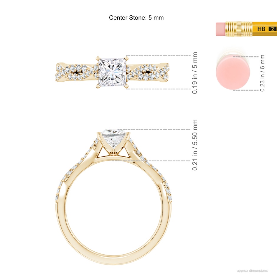 5mm FGVS Lab-Grown Peg Head Princess-Cut Diamond Twist Shank Engagement Ring in Yellow Gold ruler