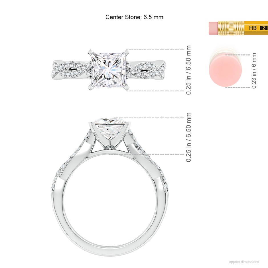 6.5mm FGVS Lab-Grown Peg Head Princess-Cut Diamond Twist Shank Engagement Ring in White Gold ruler