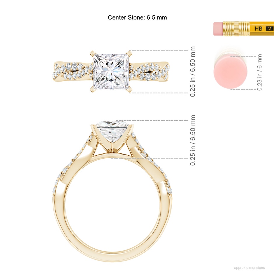 6.5mm FGVS Lab-Grown Peg Head Princess-Cut Diamond Twist Shank Engagement Ring in Yellow Gold ruler