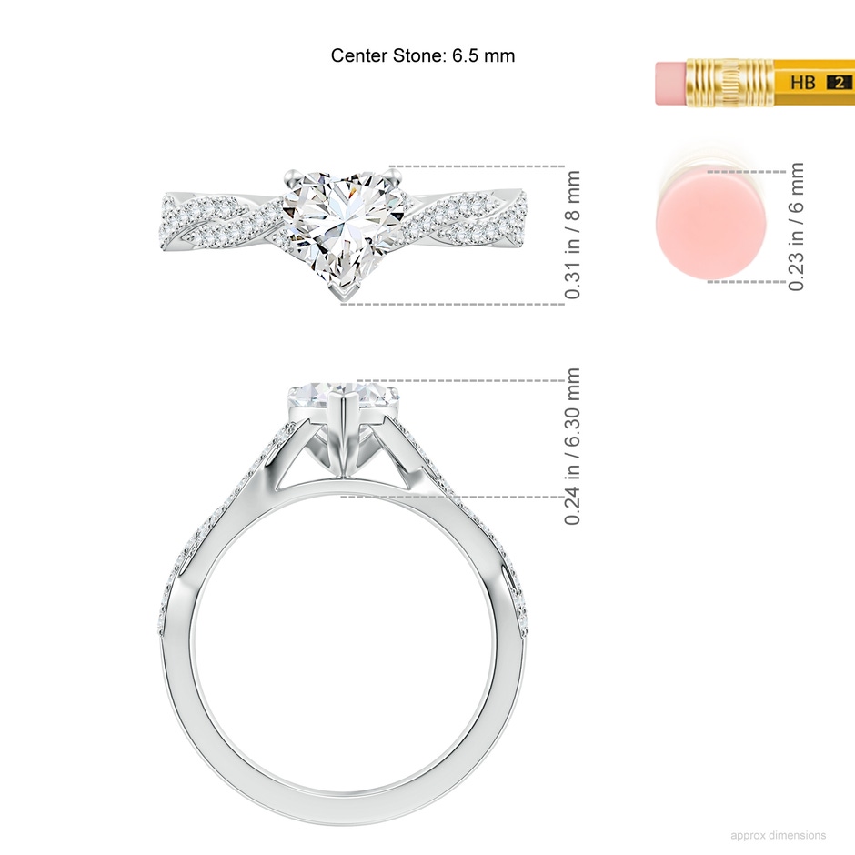 6.5mm FGVS Lab-Grown Peg Head Heart Diamond Twist Shank Engagement Ring in 18K White Gold ruler