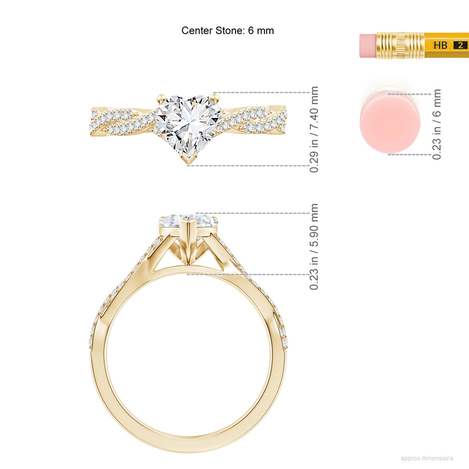 6mm FGVS Lab-Grown Peg Head Heart Diamond Twist Shank Engagement Ring in Yellow Gold ruler