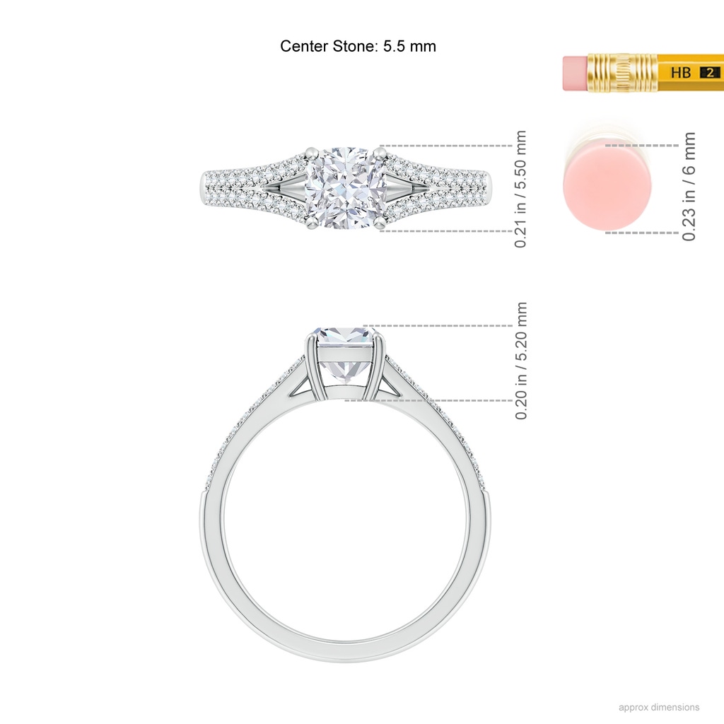 5.5mm FGVS Lab-Grown Solitaire Cushion Diamond Split Shank Engagement Ring in White Gold ruler