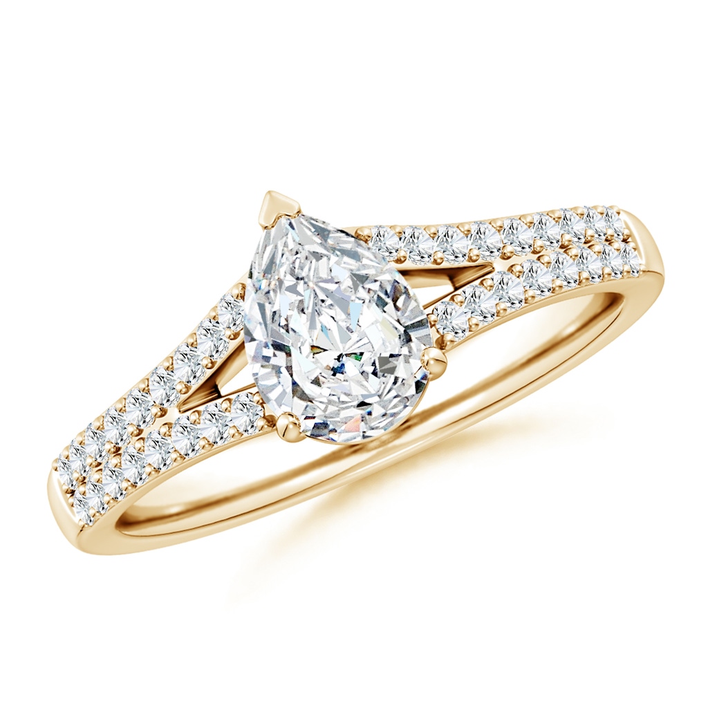 7.7x5.7mm FGVS Lab-Grown Solitaire Pear Diamond Split Shank Engagement Ring in Yellow Gold