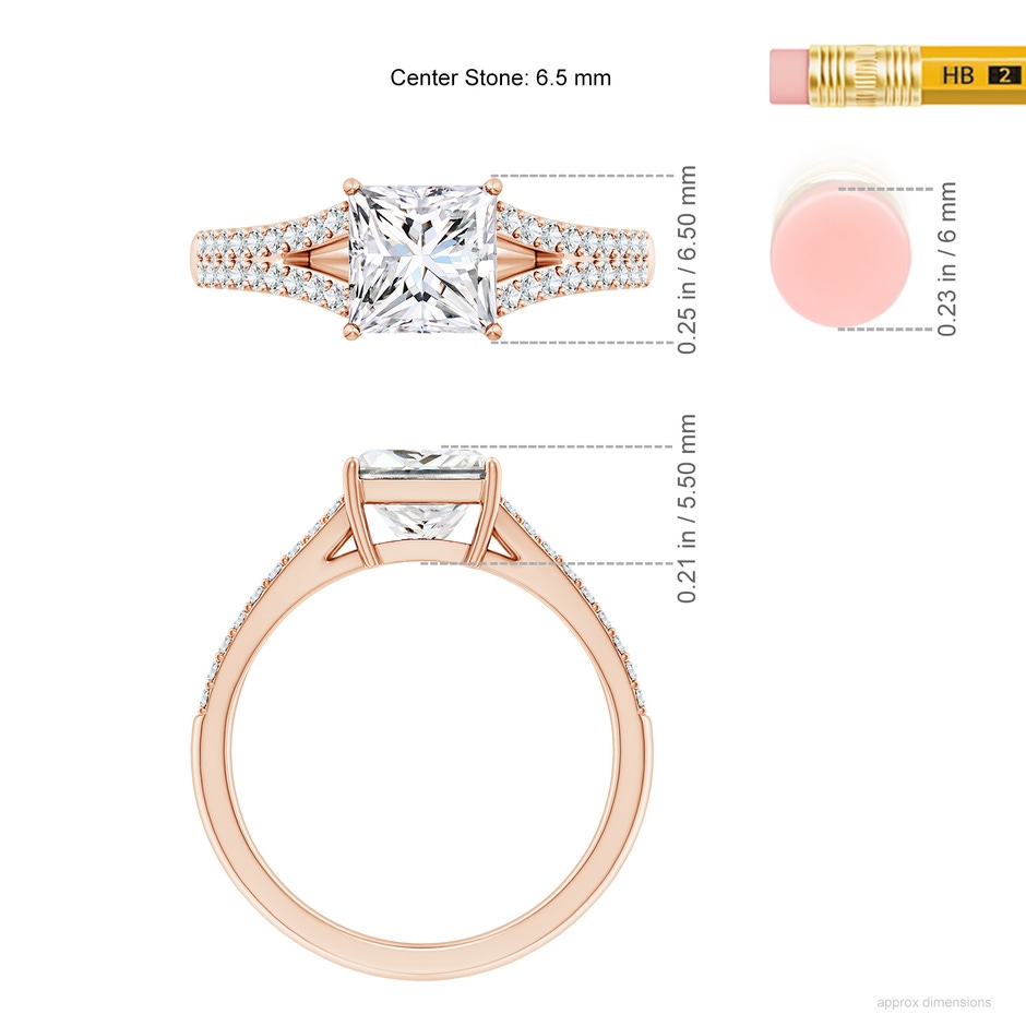 6.5mm FGVS Lab-Grown Solitaire Princess-Cut Diamond Split Shank Engagement Ring in Rose Gold ruler