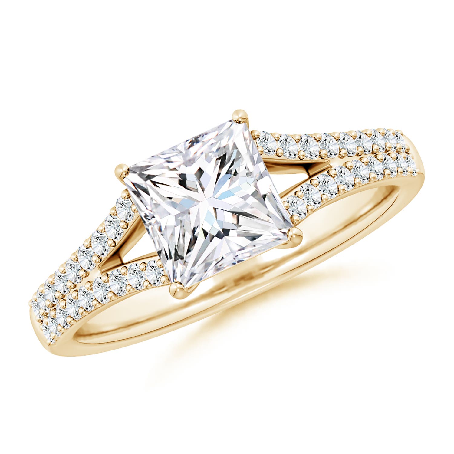 6.5mm FGVS Lab-Grown Solitaire Princess-Cut Diamond Split Shank Engagement Ring in Yellow Gold