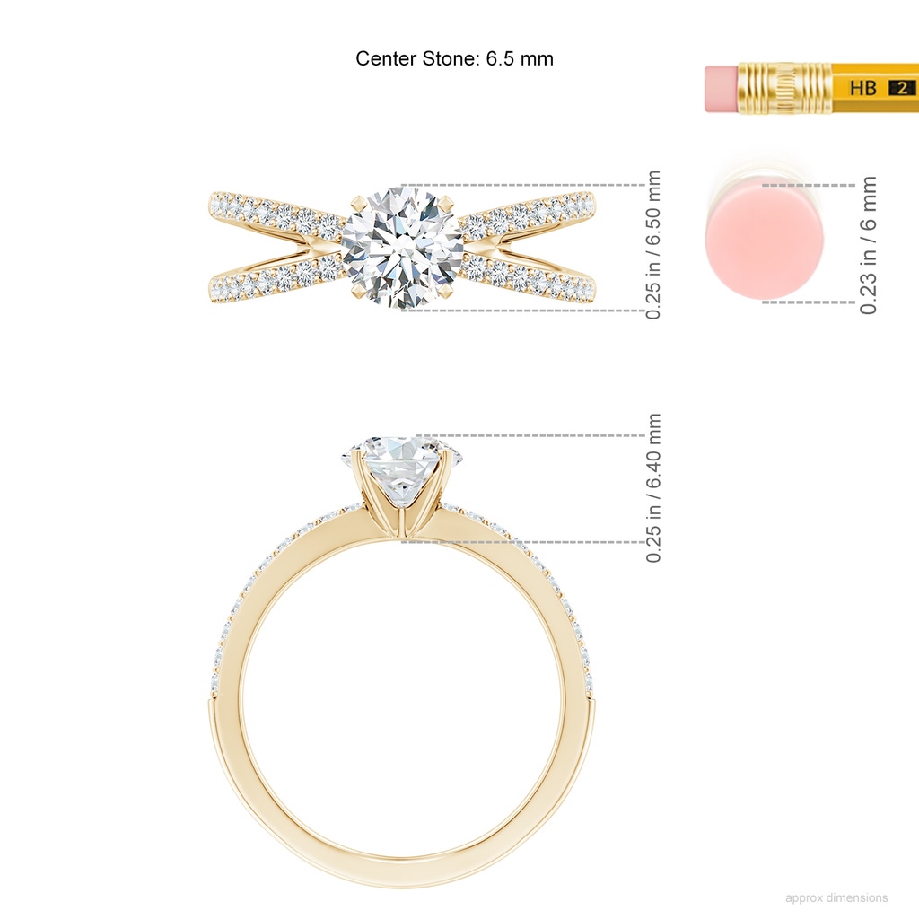 6.5mm FGVS Lab-Grown Solitaire Round Diamond Crossover Shank Engagement Ring in Yellow Gold ruler