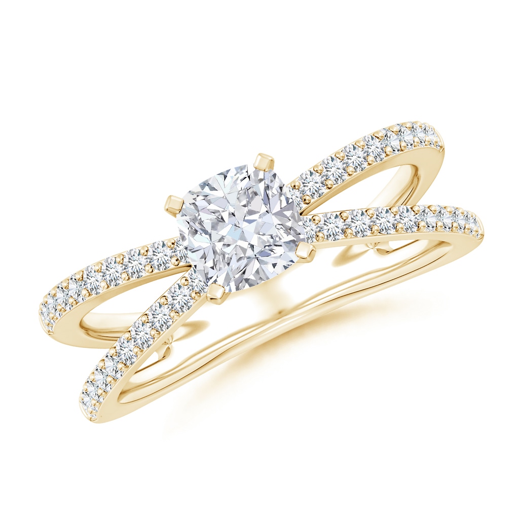 5.5mm FGVS Lab-Grown Solitaire Cushion Diamond Crossover Shank Engagement Ring in Yellow Gold