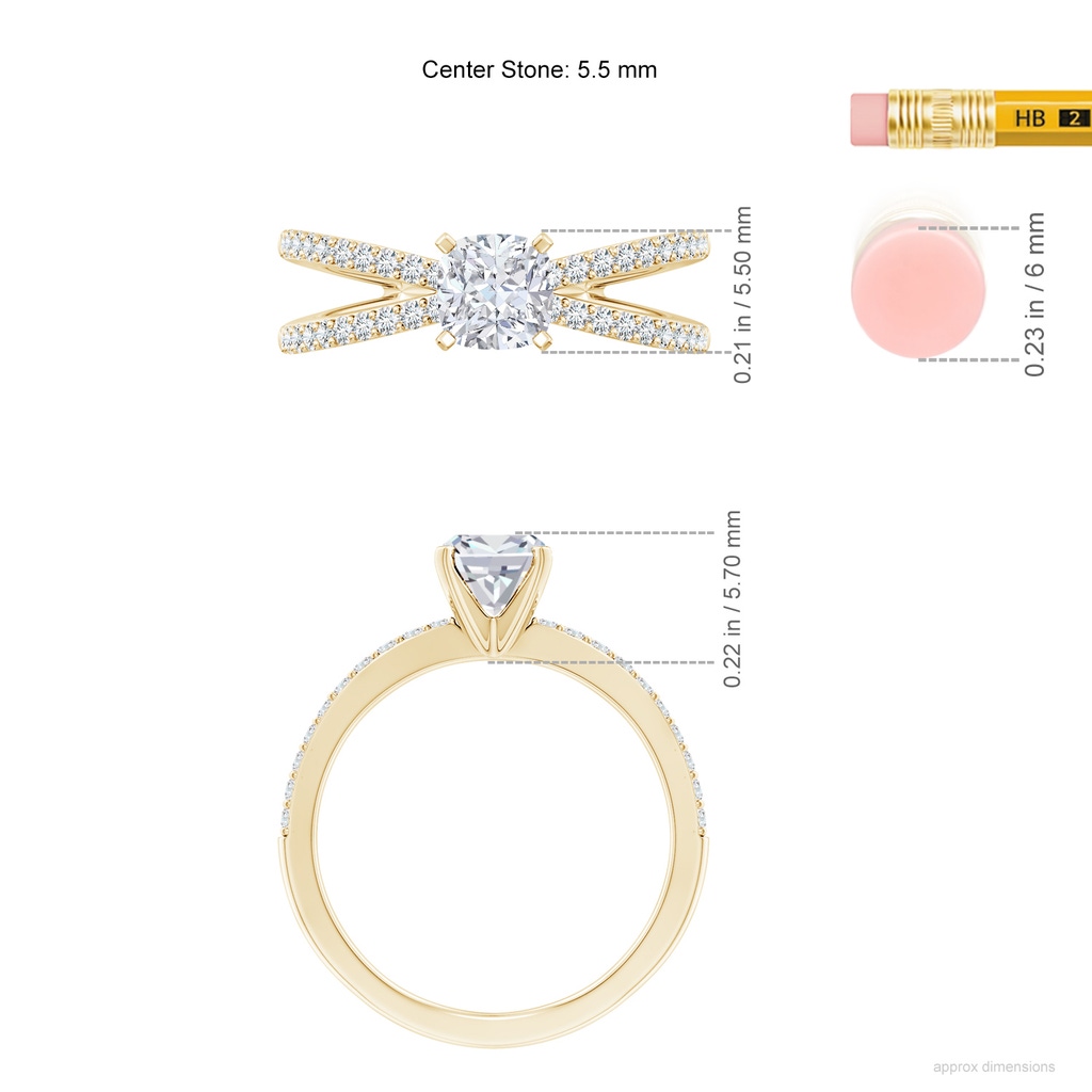 5.5mm FGVS Lab-Grown Solitaire Cushion Diamond Crossover Shank Engagement Ring in Yellow Gold ruler