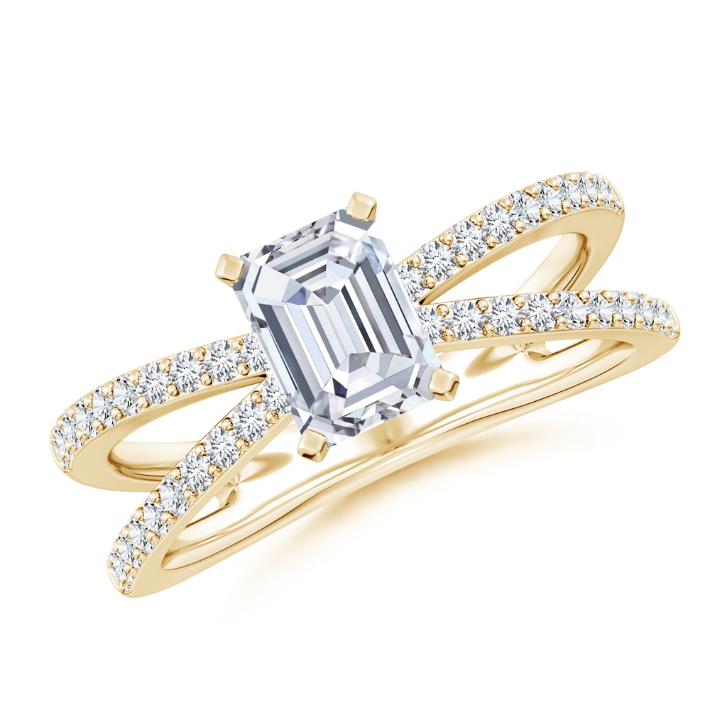 7x5mm FGVS Lab-Grown Solitaire Emerald-Cut Diamond Crossover Shank Engagement Ring in Yellow Gold