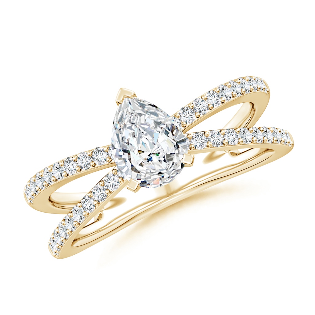 7.7x5.7mm FGVS Lab-Grown Solitaire Pear Diamond Crossover Shank Engagement Ring in Yellow Gold